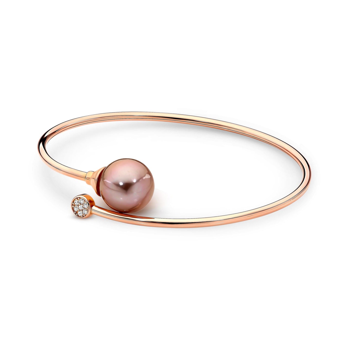 9ct Rose gold natural pink pearl and diamond bangle bracelet peacock