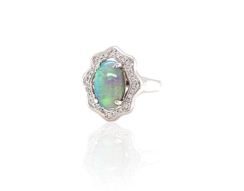 9ct White gold Australia Solid Light opal Lightning Ridge Ring with genuine diamonds