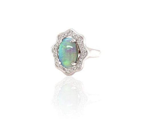 9ct White gold Australia Solid Light opal Lightning Ridge Ring with genuine diamonds