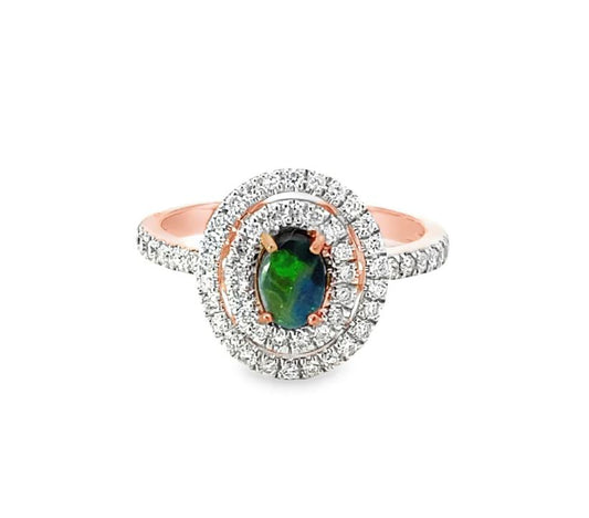 Rose gold diamond halo ring with Australian Solid Opal green black blue