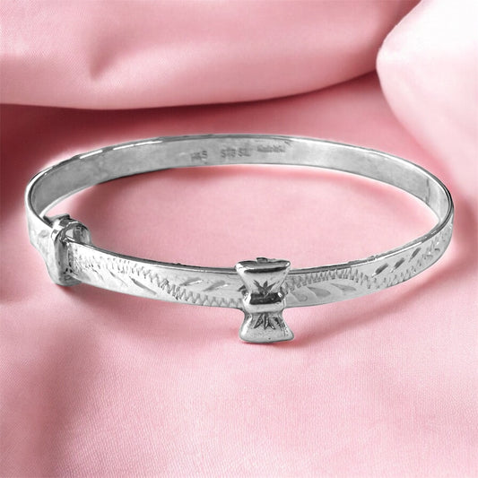 Sterling silver stg baby childrens expandable bangle bracelet with bow and engraving