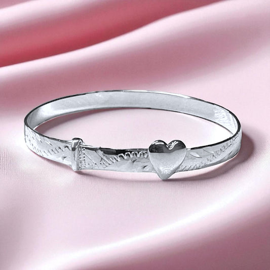 Sterling silver stg baby children expandable bangle bracelet with heart and engraving 