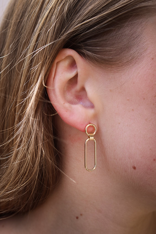 9ct gold circle and paperclip stud drop earrings