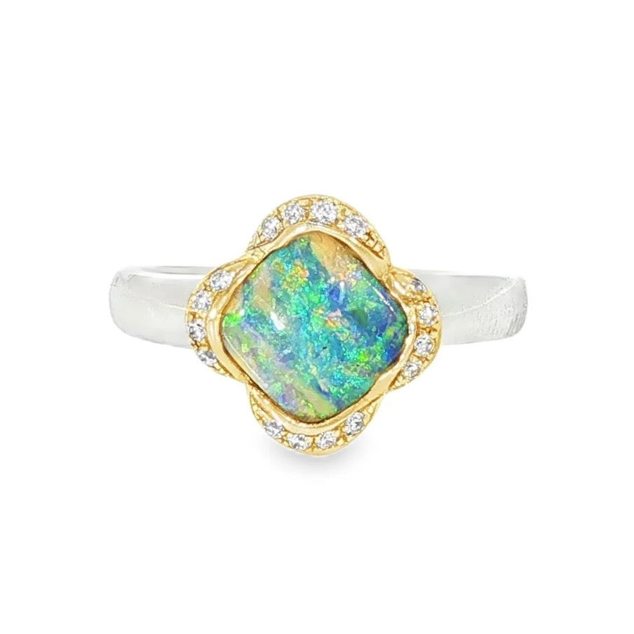 9ct White Gold 1.51ct Australian Boulder Opal Diamond Ring - Lagoon